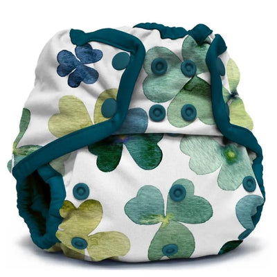 Kanga Care Rumparooz One Size Cloth Diaper Cover in Clover, featuring a floral design with green and blue hues and snap closures.