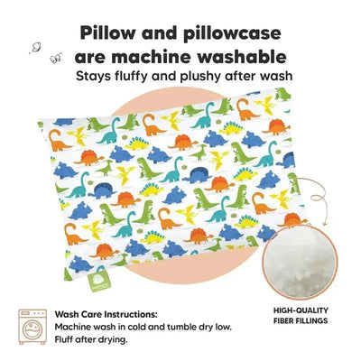 Toddler pillow and pillowcase featuring colorful dinosaur patterns, machine washable with high-quality fiber fillings.