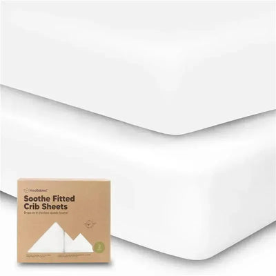 Organic cotton fitted crib sheets in soft white, packaged in a box labeled Keababies Soothe Fitted Crib Sheets.