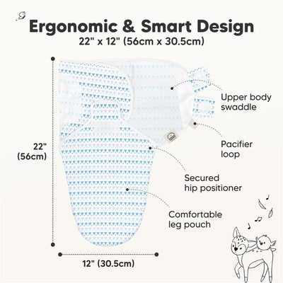 Soothe Baby Swaddles by Keababies, featuring ergonomic design, pacifier loop, and comfortable leg pouch.