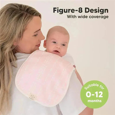 Mom holds a baby with a pink burp cloth featuring a figure-8 design, labeled suitable for 0-12 months.