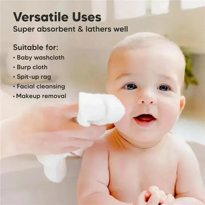 Baby smiling in a bath while a hand holds a white washcloth, with text highlighting its versatile uses.