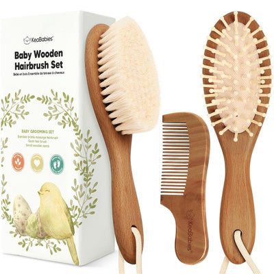 Baby Wooden Hair Brush and Comb Set by Keababies, featuring a soft bristle brush, massage brush, and wooden comb in dark walnut finish.
