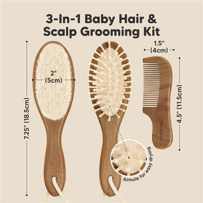 3-In-1 Baby Hair & Scalp Grooming Kit featuring a brush and comb set in dark walnut, with size dimensions indicated.