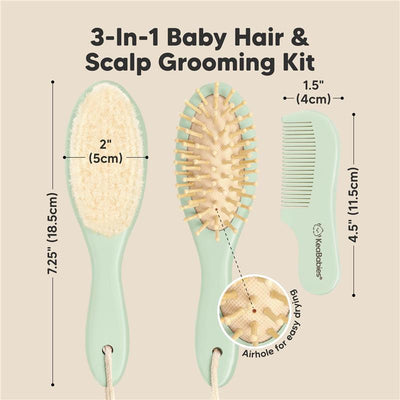 3-in-1 baby hair and scalp grooming kit featuring a soft brush, detangling comb, and convenient hanging design in sage color.