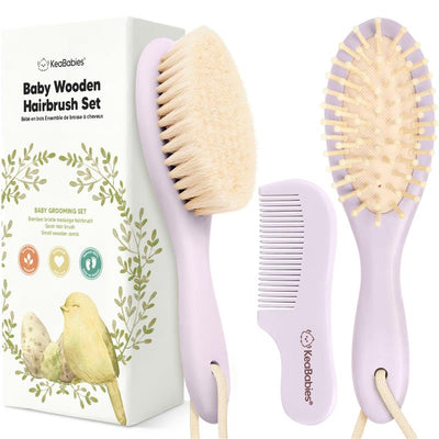 Baby Wooden Hairbrush Set by Keababies, featuring a brush with soft bristles and a small wooden comb, packaged with a decorative box.