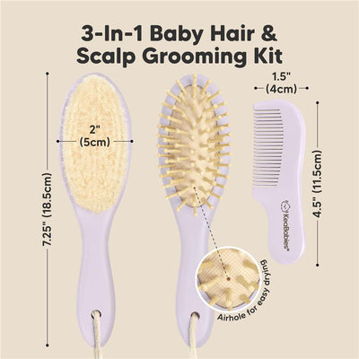 3-in-1 baby hair and scalp grooming kit featuring a soft-bristled brush and comb, dimensions included.