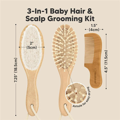 3-in-1 baby hair and scalp grooming kit featuring a soft bristle brush, a detangling brush, and a comb, all in walnut finish.