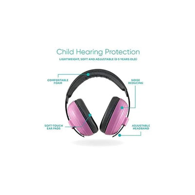 Child hearing protection headphones in pink, featuring adjustable headband, soft-touch ear pads, and noise-reducing foam.