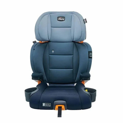 High back booster car seat by Chicco in navy blue with adjustable headrest and armrests, includes cup holders.
