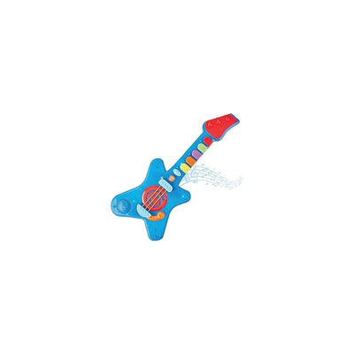 Colorful electronic guitar toy with buttons for sound effects and music, designed for children’s play and entertainment.