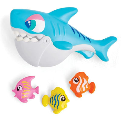 Chomping shark toy in blue and gray with three colorful fish, designed for water play and engagement.