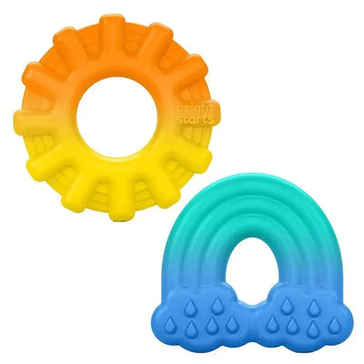 Colorful silicone teethers shaped like a sun and a rainbow, designed for infants to soothe gums.