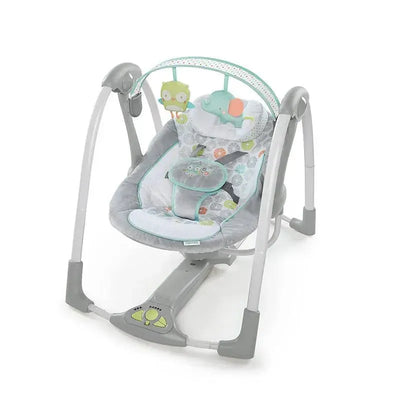 Portable baby swing featuring soft fabric, playful animal toys, and multiple speed settings for soothing infants.