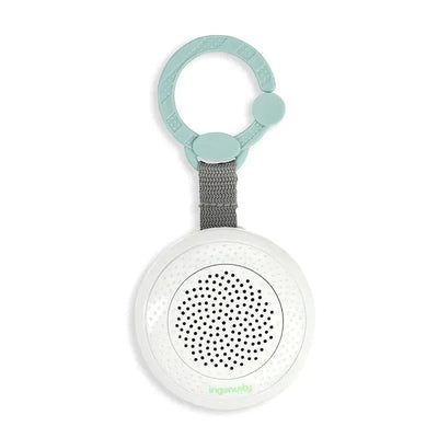 Kids II Ingenuity Pock-a-Bye Baby Soother and Bluetooth speaker, featuring a portable design with attachment clip.