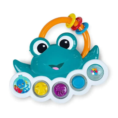 Brightly colored toy designed for infants, featuring a frog shape, buttons with sea creature images, and a playful handle.