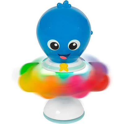 Blue octopus-shaped activity toy with colorful spinning lights and smiling face, designed for baby play.