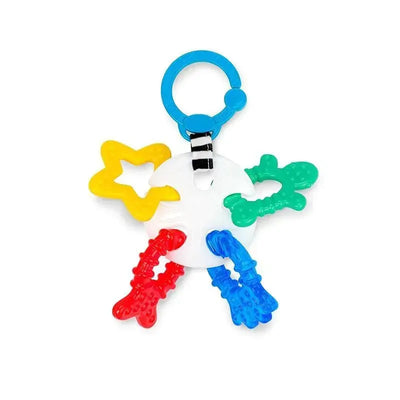 Colorful teether toy featuring a circular white center surrounded by red, blue, yellow, and green sensory shapes.