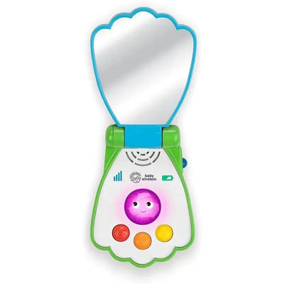 Musical toy telephone featuring a shell-shaped design, mirror, colorful buttons, and a smiling character.
