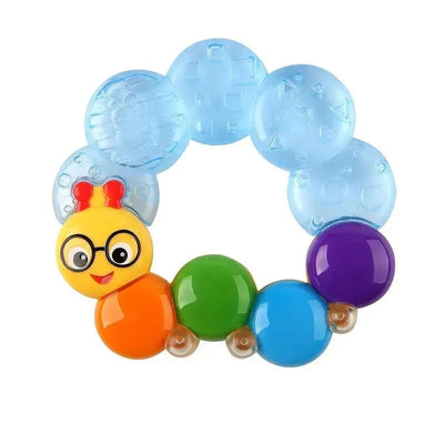 Colorful teether-rattle shaped like a caterpillar, featuring a smiling face, various textures, and vibrant beads for sensory play.