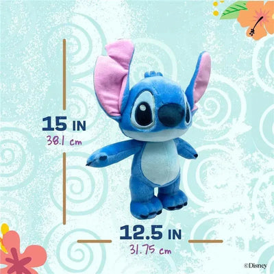 Disney Baby Lilo & Stitch plush toy, Stitch, measuring 15 inches tall, with blue fur, large ears, and friendly expression.