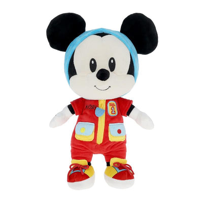 Plush Mickey Mouse character dressed in a red outfit with blue accents, designed for babies and toddlers.
