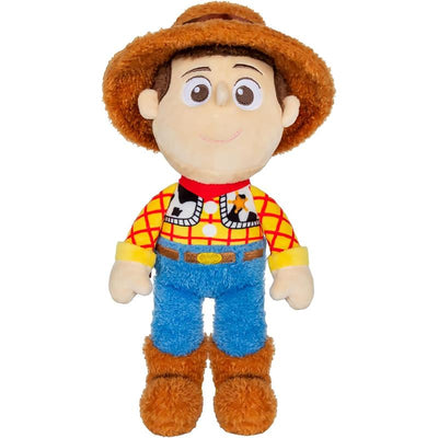 Disney Pixar Toy Story Woody plush toy with a smiling face, cowboy hat, checkered shirt, blue pants, and brown boots.