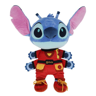 Disney Stitch plush toy dressed in a red outfit with yellow accents, featuring large eyes and pink ears, for babies and toddlers.