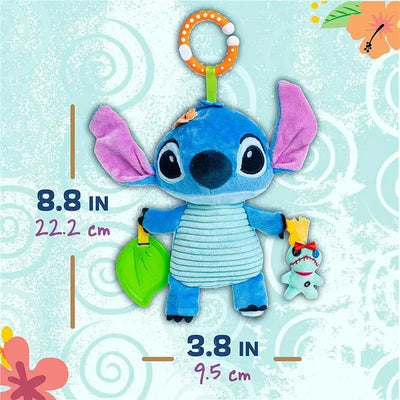 Disney Stitch On The Go Activity Toy in blue, featuring a clip, a green leaf, and a small character attachment. Measures 8.8 x 3.8 inches.