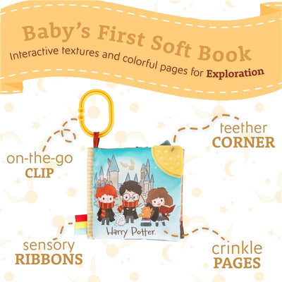 Soft book for infants featuring a colorful Harry Potter design, crinkle pages, a textured teether corner, and an on-the-go clip.