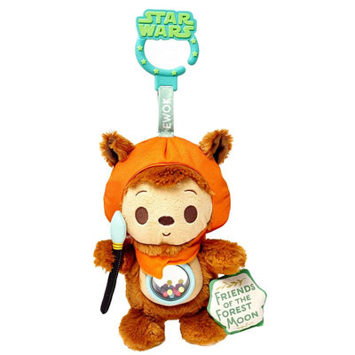 Ewok-themed activity toy with a hanging clip, featuring a soft plush body, colorful rattling beads, and a spoon.