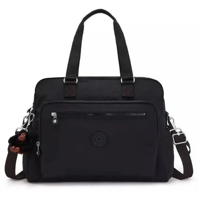 Kipling Alanna Baby Bag in Shimmerin Spoot Black, featuring a zippered front pocket and a furry monkey keychain charm.