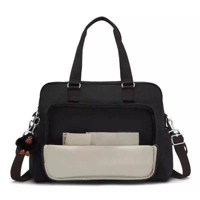 Kipling Alanna Baby Bag in Shimmerin Spoot Black, featuring a front zip pocket and a keychain monkey charm.