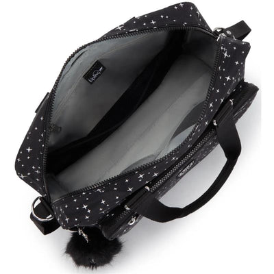 Black Kipling Alanna Baby Diaper Bag with star pattern, featuring a large zipper opening and inner compartments.