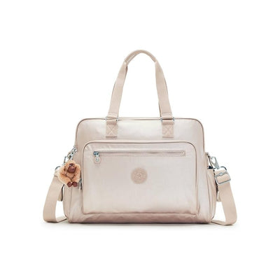Kipling Alanna Baby Bag in Quartz Metallic, featuring two top handles, an adjustable shoulder strap, and a small stuffed animal charm.