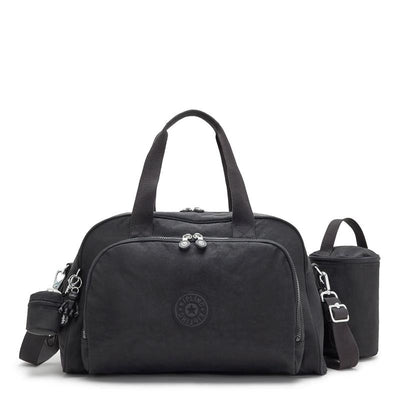 Kipling Camama Diaper Bag in Black Noir with dual handles, a removable insulated bottle holder, and a zippered main compartment.