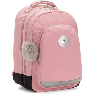 Kids Class Room Backpack in Bridal Rose, featuring a plush pom-pom keychain and a silver logo, with a black bottom.