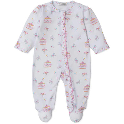 Kissy Kissy Carousel Magic Zip Footie featuring a carousel and unicorn print with pastel colors and a ruffled zipper detail.