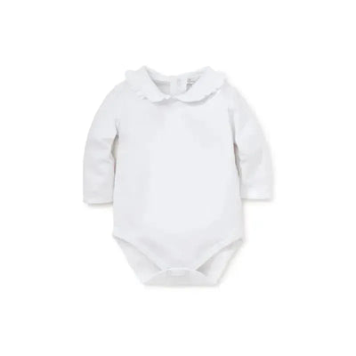 Long sleeve white baby bodysuit with a ruffle collar and snap closure at the bottom.