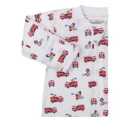 Kissy Kissy Love Brave Firefighters StretchFlex Zip Footie featuring a playful print of fire trucks and dalmatian puppies.