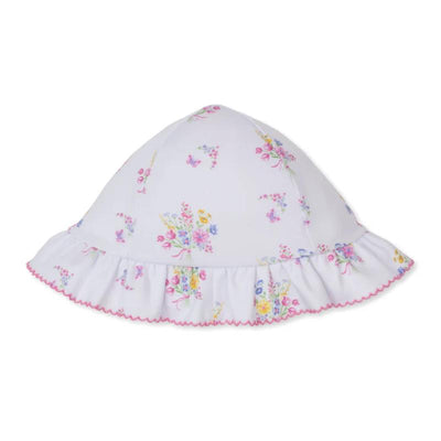 Pastel floral-patterned floppy hat with a ruffled brim and pink scalloped trim. Ideal for sun protection.