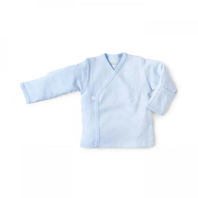 Light blue long sleeve pointelle tee for baby boys with a cross-over front design. Suitable for comfortable wear.