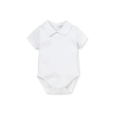 Short sleeve white baby bodysuit with a collar, designed for comfort and easy dressing.