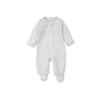 Baby footie in silver with neutral stripes, featuring a front zip and enclosed feet for comfort.