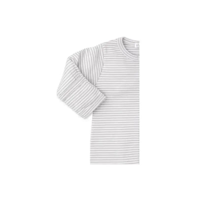 Baby footie features neutral silver stripes and long sleeves, designed for comfort with a zip closure.