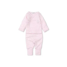 Footed pant set for baby girls, featuring a pink and white striped top and matching pants.