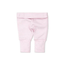 Footed pant set for baby girls in pink with white stripes and an elastic waistband.