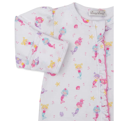 Kissy Kissy Underwater Mermaids Zip Footie featuring colorful mermaid prints, pink trim, and soft fabric for babies.