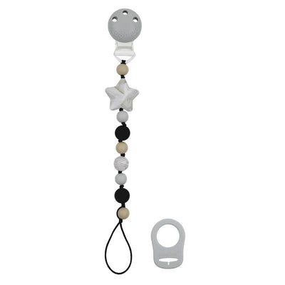 Kushies SiliBead pacifier clip features a star bead design with various round beads in black, white, and beige.