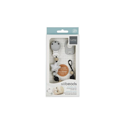 Kushies SiliBead Pacifier Clip featuring a star design, includes a pacifier adapter and a mix of gray, black, and white beads.